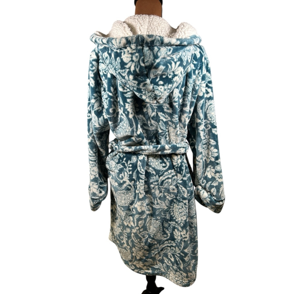 World Market Teal & White Floral Hooded Robe One Size - Picture 3 of 5